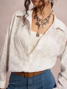 SHEIN VCAY 休闲时尚百搭简约长袖大码女式衬衫，适合返校季教师穿着，刺绣波西米亚风外出上衣，商务休闲机场秋季穿着 - 白色 - 查看 2