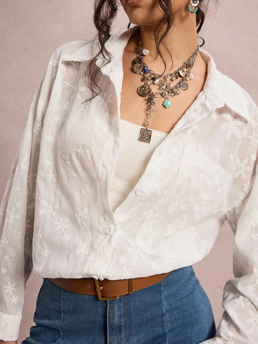 SHEIN VCAY 休闲时尚百搭简约长袖大码女式衬衫，适合返校季教师穿着，刺绣波西米亚风外出上衣，商务休闲机场秋季穿着