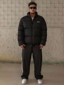 DAZY 男式黑色字母印花立领夹棉大衣，冬季夹克 - 黑色 - 查看 4