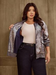 SHEIN LUNE Plus Size Women's Solid Color Drop Shoulder Long Sleeve Zippered Collar Baseball Jacket Winter Fall Autumn - Grey - View 6