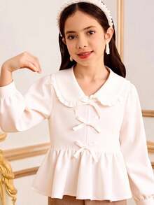 Tween Girls' White Fashion Elegant Cute Blouse For Tea Party School,Autumn Long Sleeve Casual Shirt With Frill Collar Decorative Bow,Minimalist - White - View 7