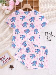 SHEIN 2pcs/Set Cute Cartoon Blue Rabbit Lulu, Stitch Bow Pattern Tween Girls Casual Minimalist Round Neck Short Sleeve T-Shirt And Shorts Pajama Set, Suitable For Summer