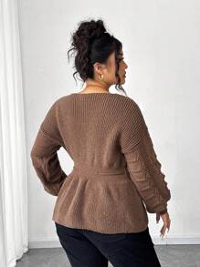 Elenzga Pull élégant à taille ajustée avec ceinture, grande taille - Tabac - Voir 2