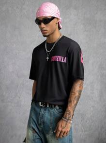 GODZILLAxKONG X SHEIN Men's Casual Monster & Letter Graphic Round Neck Short Sleeve T-Shirt, Summer - Black - View 2
