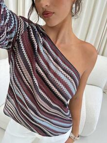 Aloruh Fall Women's Fashion Asymmetric Striped One Shoulder Sleeve Top,  Off Shoulder Design, Fall Women Clothes