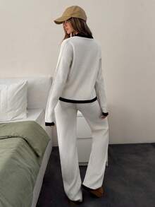 EURMUSE Casual Crew Neck Rib Knit Melange Yarn Contrast Color Stripe Hem And Neckline Drop Shoulder Relaxed Fit Sweater & Wide Leg High Waist Rib Knit Pants 2 Pieces Knit Set For Fall Winter Women,Petite - Apricot - View 3