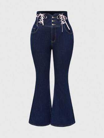Kawaii Plus Size Lace Up Skinny Pocket Flare Leg Jeans