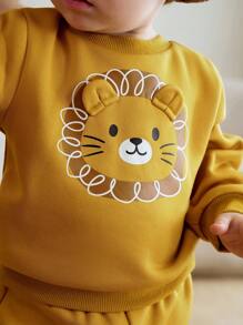 Cozy Pixies 2pcs Baby Boy Cartoon Lion Pattern Soft Knit Pullover Sweatshirt Sweatshirt With Ear Design And Elastic Waist Pants Set - Yellow - View 4