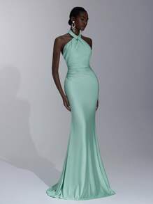 Elitara Elegant, Romantic, Sexy, Minimalist Light Blue Elastic Halter Backless Bodycon Dress With Drawstring, Fashionable, Internet Celebrity, Holiday, Resort, Birthday Party, Wedding, Bridesmaid Dress - Baby Blue - View 4