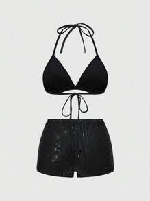 ROMWE Grunge Punk Bộ 2 món áo hở lưng sequin gợi cảm và quần short cho nữ, mùa hè - Nhiều màu - Xem 2