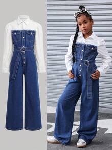 SHEIN Young Girls Elegant Chic Blue Denim Patchwork White Shirt-Style Belted Loose Long Pants Jumpsuit, Fall/Winter, For Girls Back To School Clothes - Dark Wash - View 10