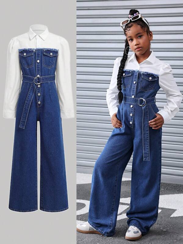 Tween Girl Fashion Casual Vintage Cool Y2k White Shirt Collar Puffed Long Sleeves Patchwork Blue Denim With A Belt One-Piece Jeans For Tween Girl Clothes Girls Costume Dailywear And Tween Girl Summer And Fall Rave Outfits Festival And Beach Outfits Streetwear School Clothes Kids Denim Overalls Girls Wide Leg Denim Jumpsuit Winter