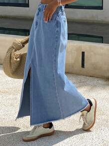 Livesso 女士夏季毛边前开衩牛仔半身裙 - 藍色 - 查看 6