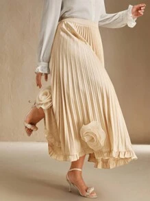 Anewsta Casual Fashion Pleated 3D Floral Decor Plus Size Women Skirt - Champagne - View 4