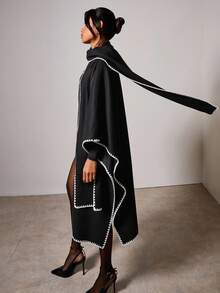 COSMINA 秋冬女装时尚街头撞色绑带蝙蝠袖宽松长款夹克 - 黑色 - 查看 7