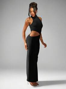 MISSGUIDED High Neck Sleeveless Ruched Maxi Dress With Side Cut Out Evening Party Formal Occasion Wedding Guest Fall Winter Spring - Black - View 3
