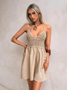 Swim Vcay 女式性感露背针织拼接挂脖沙滩罩衫 - 卡其色 - 查看 5