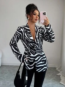 Elenzga Elegante y elegante blazer de manga larga con estampado de cebra para mujer - Negro - Ver 1