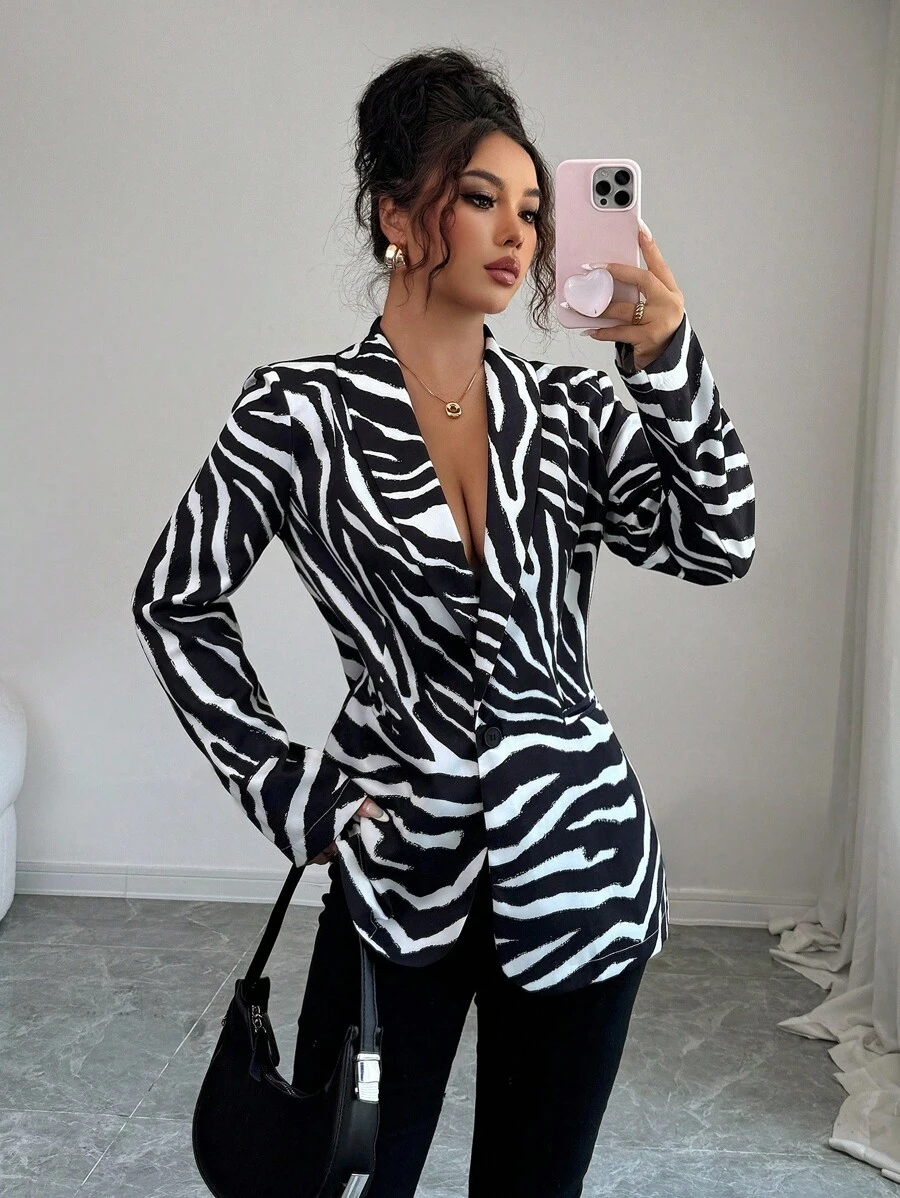 Elenzga Elegante y elegante blazer de manga larga con estampado de cebra para mujer - Negro - Ver 1