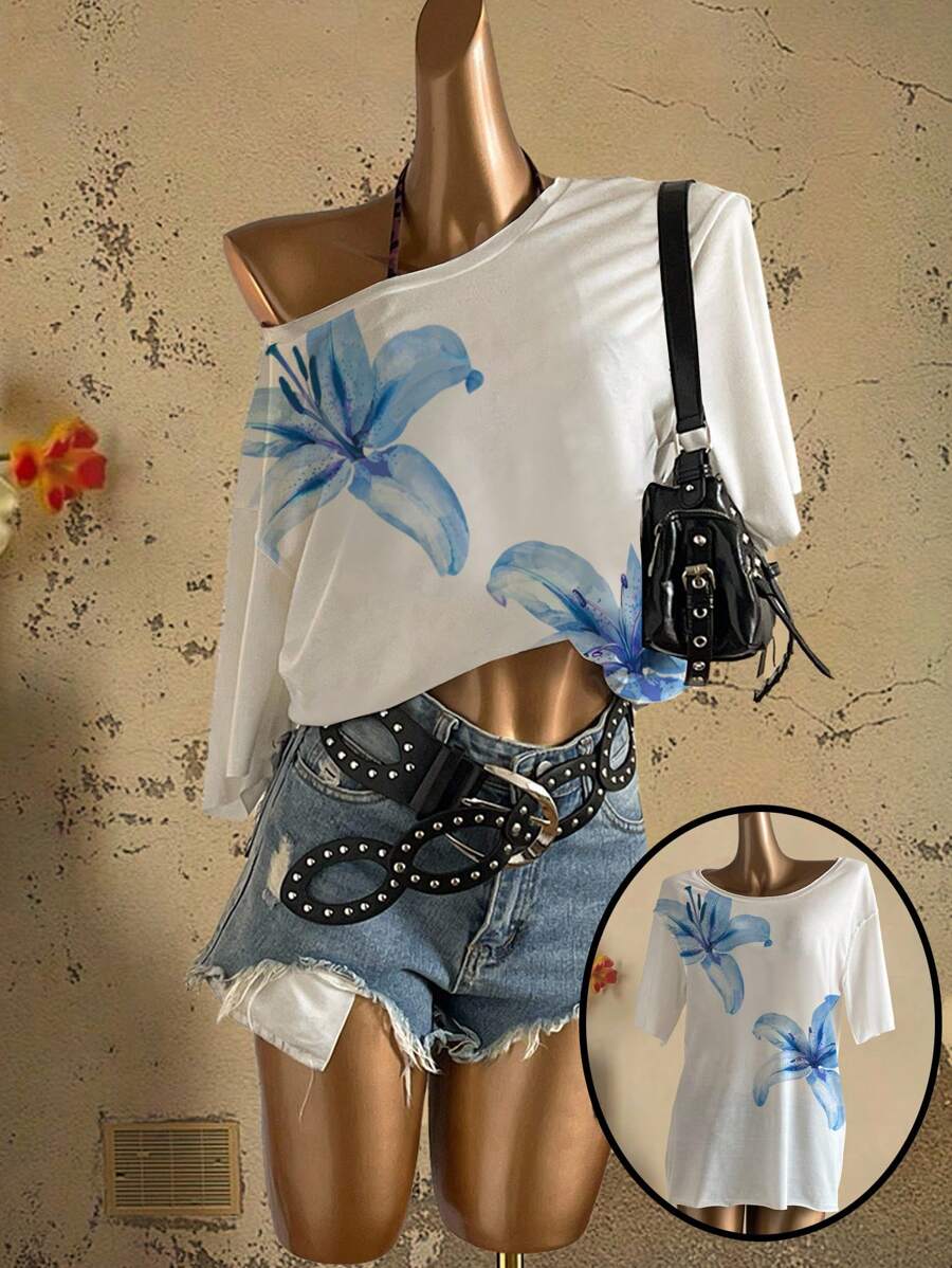 Attitoon 休闲复古风格，街头风格，度假蓝色水彩热带花卉印花，超大短袖宽松T恤，适合夏季，度假风格，Y2K