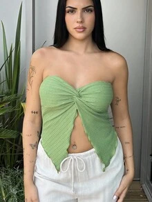 Lucia Bellido 女士度假黄色针织纹理扭纹前开衩下摆短款上衣，适合下午茶、街头、度假、秋冬分层或派对穿着 - 綠色 - 查看 6