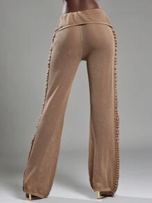 NYA SZN Pant High Rise Skirt Over Pant Ruffle Detail Brunch Spring Summer Vacation Stretch Knit Pant Outfits For Women - Brown - View 2