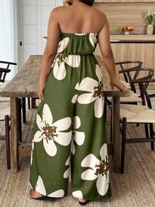 EMERY ROSE Plus Size Floral Print Halter Jumpsuit For Casual, Vacation - Green - View 2