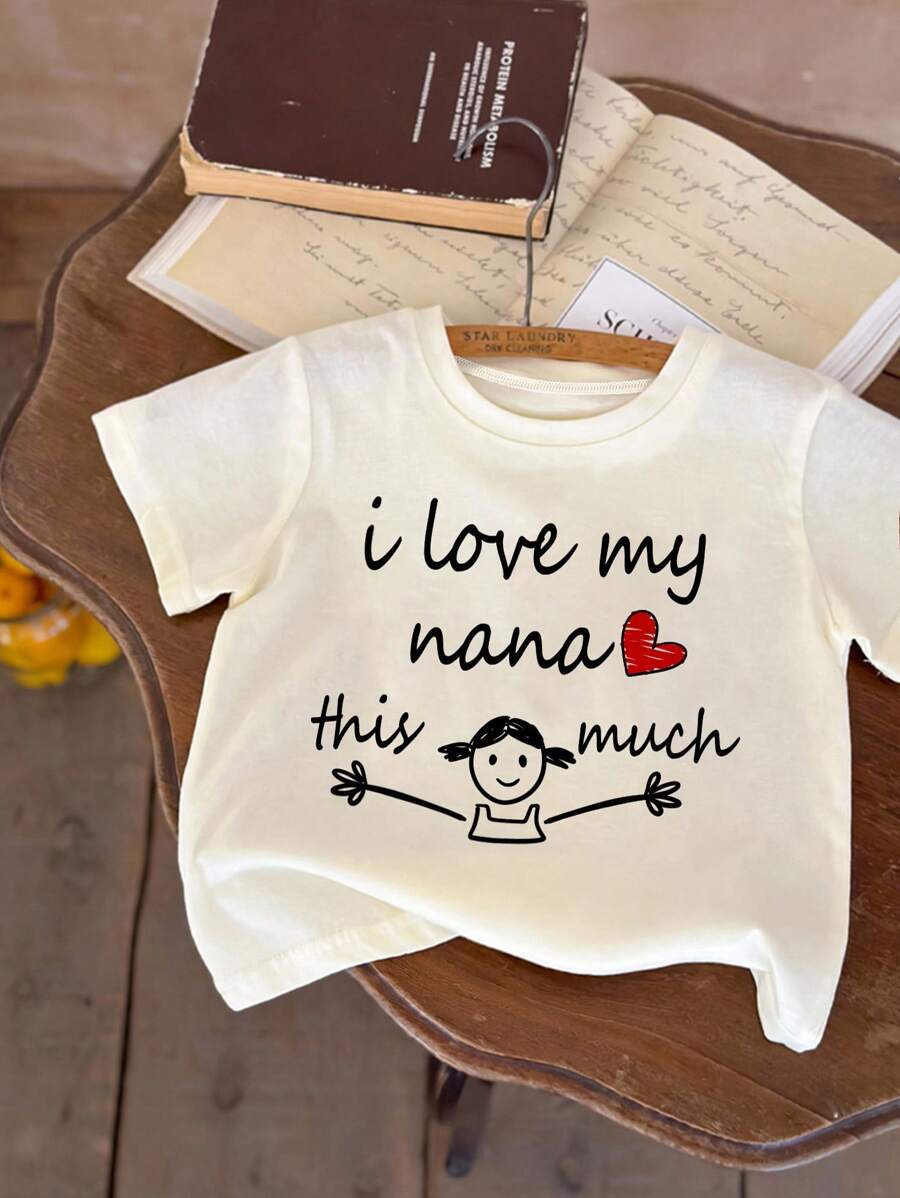 SHEIN "我愛我的奶奶"嬰兒女孩休閒字母印花短袖圓領T卹，夏季