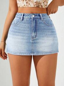 SHEIN ICON Pantalón falda de talla grande de mezclilla azul claro, informal y para vacaciones, sin estiramiento