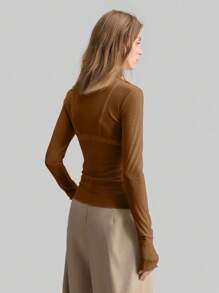 Ontre 2026 Spring/Summer New Women's Sheer Mesh Turtleneck Top, Minimalist Versatile Business Casual Office Wear - Brown - View 4