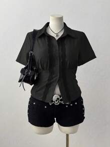 Flirla Lace Trim Form-Fitting Casual Short Sleeve Blouse - Black - View 1