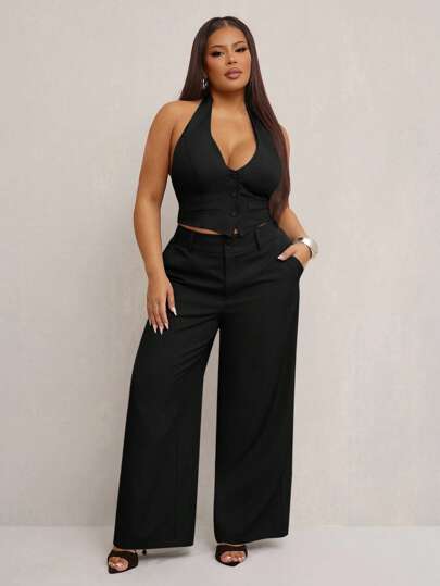 SHEIN SXY Conjunto de traje elegante y sexy de 2 piezas para mujer de talla grande: Chaleco ajustado sin mangas gris + Pantalones rectos de cintura ancha de doble botonadura a juego, adecuado para crucero, fiesta de carnaval, vacaciones en la playa, cita, cumpleaños, despedida de soltera, Gyaru, Ibiza, Nashville, descanso, rave, modesto, elegante, club, lindo, casual, compras, ropa de calle, salir