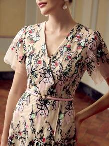 ZEYLAH Women's Elegant Floral Embroidered Dress - Apricot - View 2