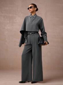 Lumalex 秋冬酒红色低调复古闪亮假日派对装扮锐舞节郊游度假波西米亚风BOHO户外丰富层次婚礼季宴会成人礼两件套女士高腰收腰中长西装套装带披肩袖灰色两件套现代女装单色套装两件裤装女士灰色套装奢华舞会圣诞节新年 - 灰色 - 查看 3