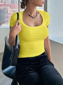 DAZY 女款夏季純色圓領短袖修身休閒T恤 外出上衣 校園風 - 黃色 - 查看 4