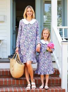 Girls' Cute Ditsy Floral Soft Flowing Peter Pan Collar Long Sleeve Dress With Ruffle Hem - Multicolor - View 3