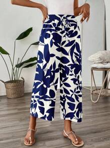 SHEIN LUNE Women's Casual Floral & Leaf Print 3/4 Pants, Suitable For Summer, Everyday Wear, And Vacation Suitable For Going Out Printed Pants Wide Leg Summer Pants Women Casual Pants Fall Clothes Winter Clothes - Multicolor - View 5