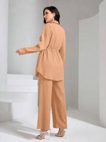 Mulvari Flap Pocket Drawstring Waist Shirt & Wide Leg Pants 2 Pieces Set Modest - Orange - View 2