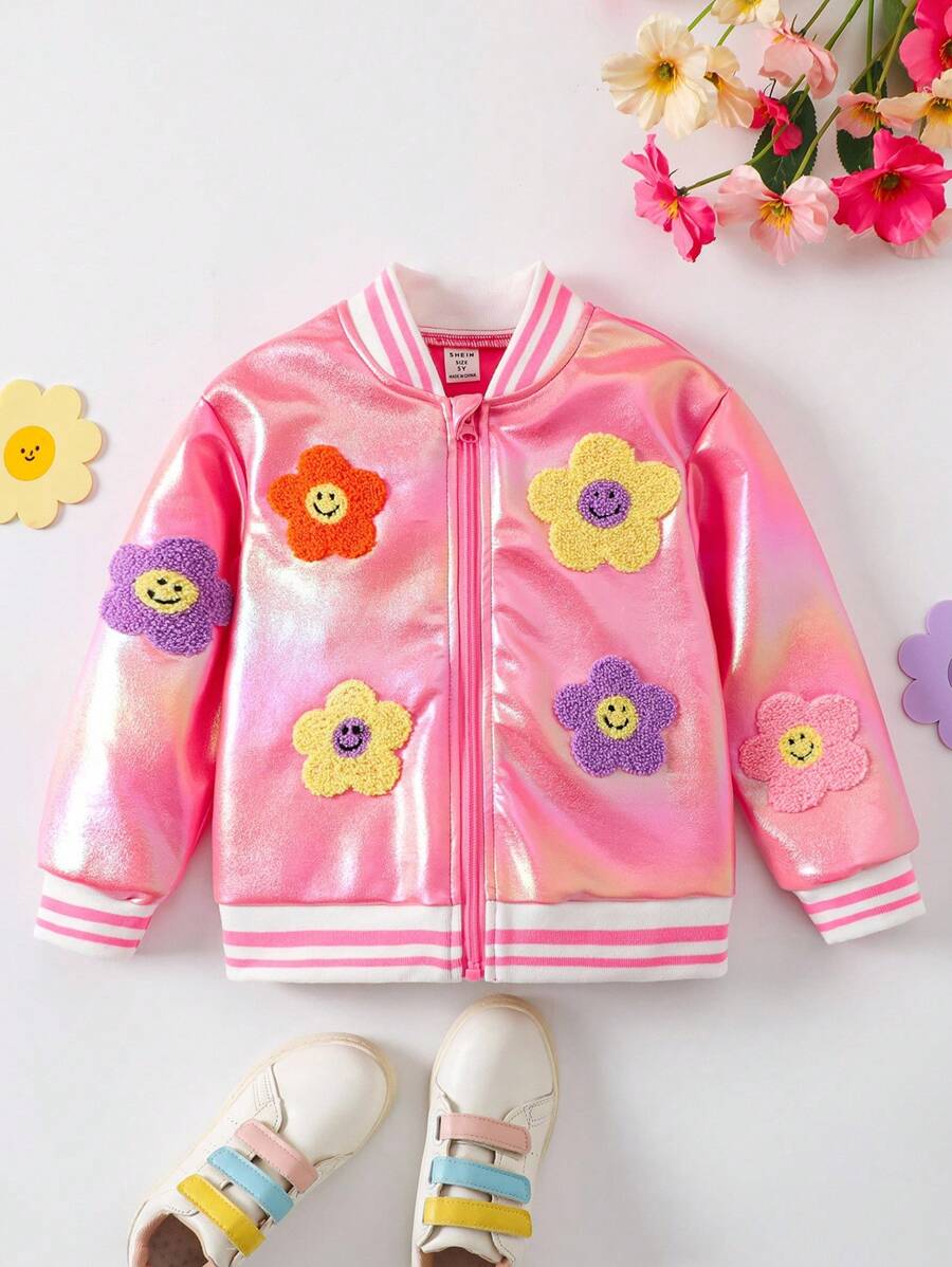 1pc Young Girl Vibrant Towel Embroidered Colorful Flower & Smiling Face Pattern Cute Jacket Back To School Outwear Fall Winter - Pink - View 1