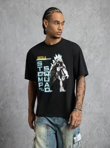GODZILLAxKONG X SHEIN Men's Letter & Monster Graphic Round Neck Short Sleeve T-Shirt - Black - View 3