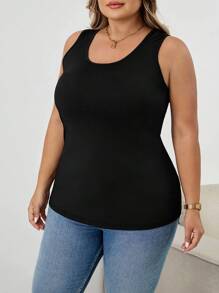 SHEIN CURVE+ 大码夏季纯色简约修身背心，镂空性感外出上衣，女士秋冬装，CURVE PLUS 大码背心，大码无袖上衣，女士大码背心，女士大码背心两件装，女士大码背心 - 黑色 - 查看 8