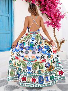 Vivid Eden 1 chiếc váy hở lưng in họa tiết dệt cho kỳ nghỉ của phụ nữ có viền xòe - Nhiều màu - Xem 2