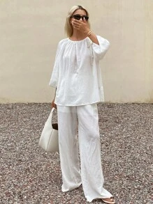 Livesso 女士圆领宽松休闲上衣和裤子两件套，纯色波西米亚风 - 白色 - 查看 1