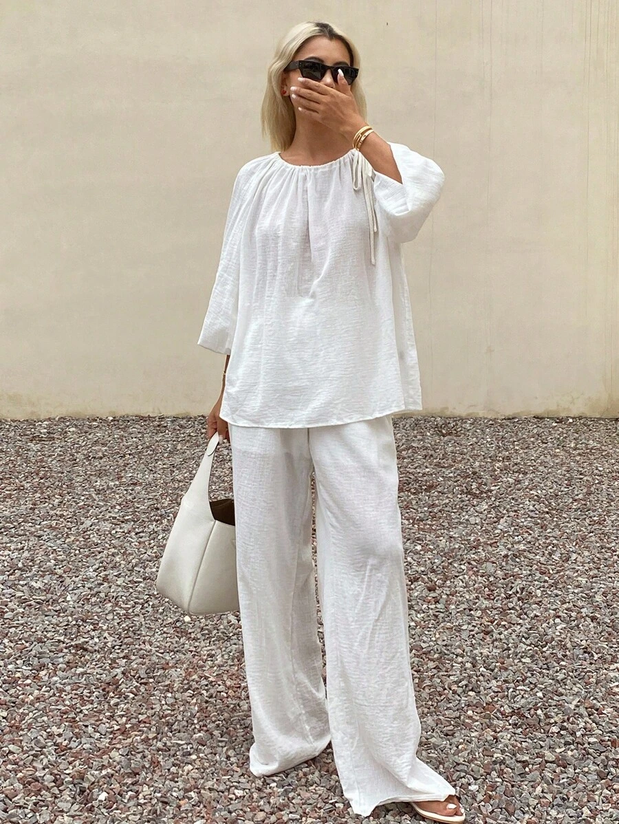 Livesso 女士圆领宽松休闲上衣和裤子两件套，纯色波西米亚风 - 白色 - 查看 1