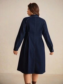 Elaquor 加大码深蓝色牛仔连衣裙衬衫式长袖长裙腰部设计秋季时尚穿搭OOTD - 深色水洗藍 - 查看 4