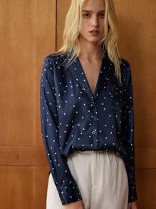 Écloséra 2pcs Women Blue Polka Dot Top And White Pants Set Fall Cloth For Women - Royal Blue - View 3