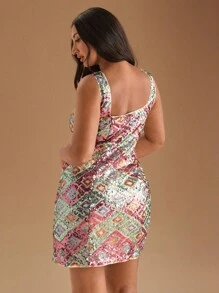 Women's Scoop Neck Sleeveless Slim Fit Elegant Sequin Dress - Black - View 4