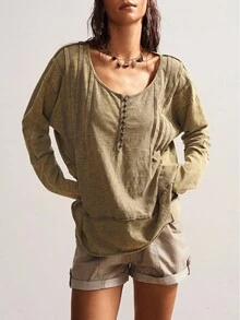 Bohemela 波西米亚风女式休闲纯色绿色圆领半扣前开宽松长袖水洗宽松 T 恤，适合女士农夫上衣，朴实上衣，复古西部乡村风格音乐会度假、外出、返校，适合秋冬季 - 橄欖綠 - 查看 6