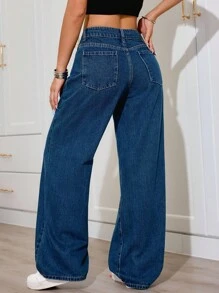 SHEIN PETITE Jeans de tiro bajo y pierna ancha de estilo casual lavado para mujer - Azul - Ver 2