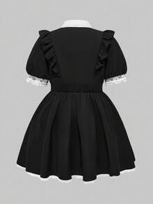 ROMWE EDITION Đầm xòe xếp ly cổ Peter Pan họa tiết ren chắp vá dễ thương cỡ lớn cho nữ - màu đen - Xem 8